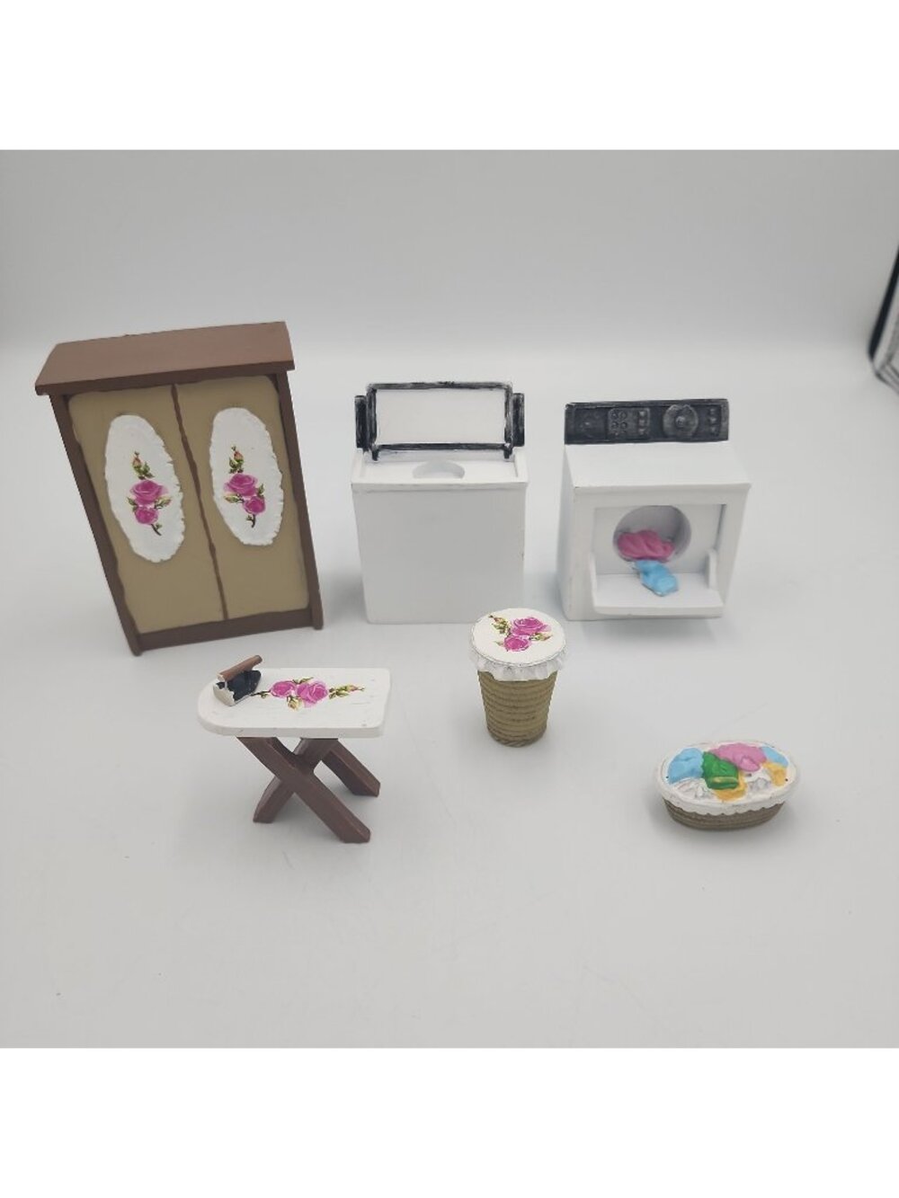 Dollhouse Miniature Washer Dryer Cabinet Iron Board Laundry Basket